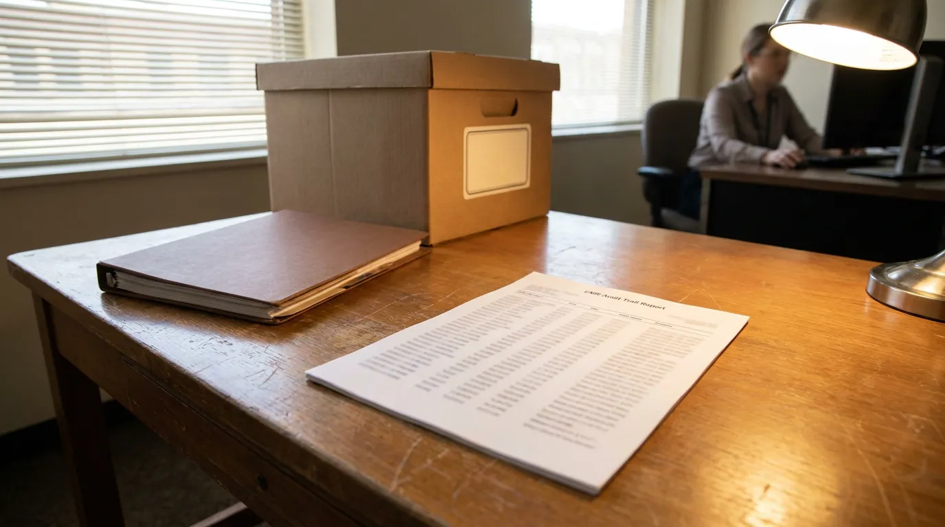 EMR Audit Trail Report Illinois Malpractice Case audit trail report document and binder on desk with cardboard storage box