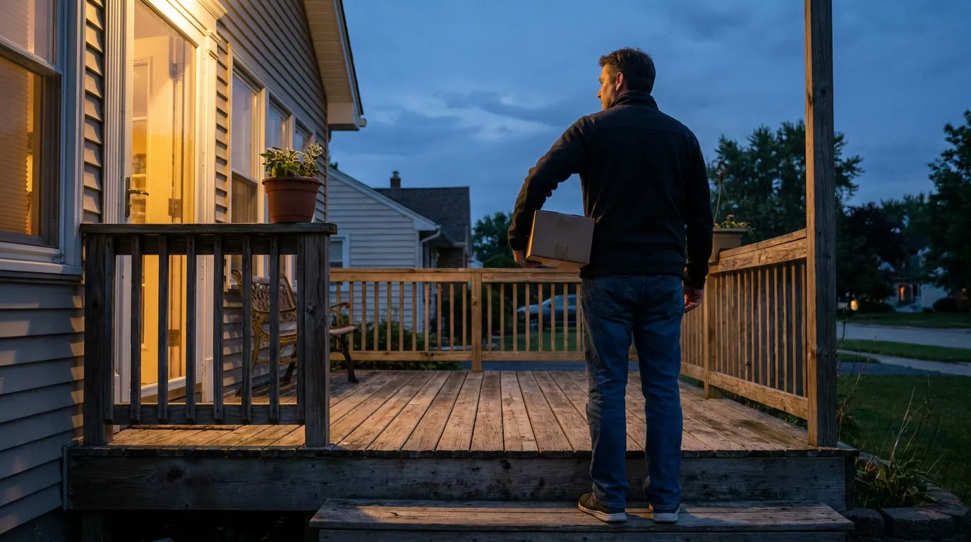 Man Holding Box Illinois Home Porch man holding cardboard box standing on residential wooden deck at dusk
