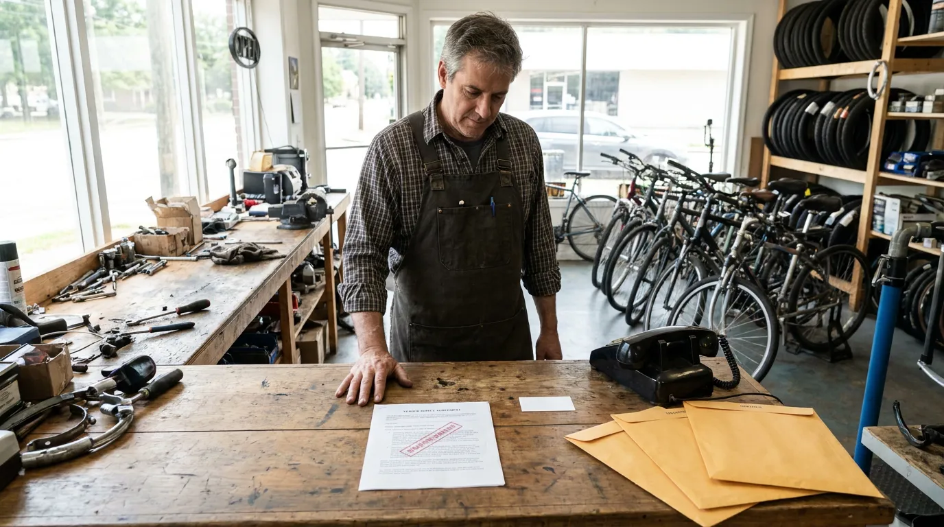 bicycle shop owner in apron reviewing stamped vendor service agreement on workbench