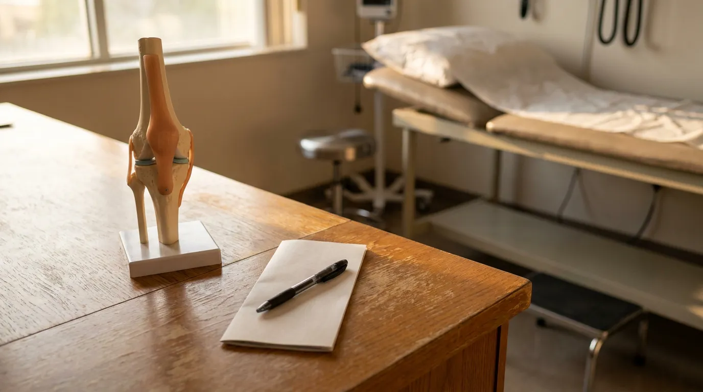 Illinois Doctor Consent Disclosure Exam Room anatomical knee joint model on desk beside notepad and pen in medical examination room
