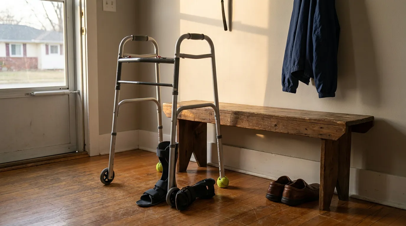 Illinois Cauda Equina Nerve Damage Mobility Aid medical walker with orthopedic boots and shoes beside wooden entryway bench