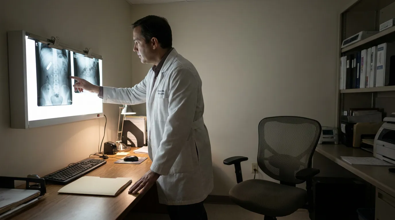 Doctor Reviewing Retained Surgical Sponge Xray Illinois physician in lab coat pointing at spinal X-rays mounted on illuminated wall panel