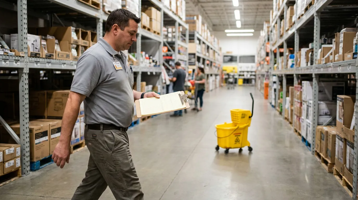Store Manager Ignoring Wet Floor Hazard Florida store employee walking warehouse aisle holding clipboard near mop bucket