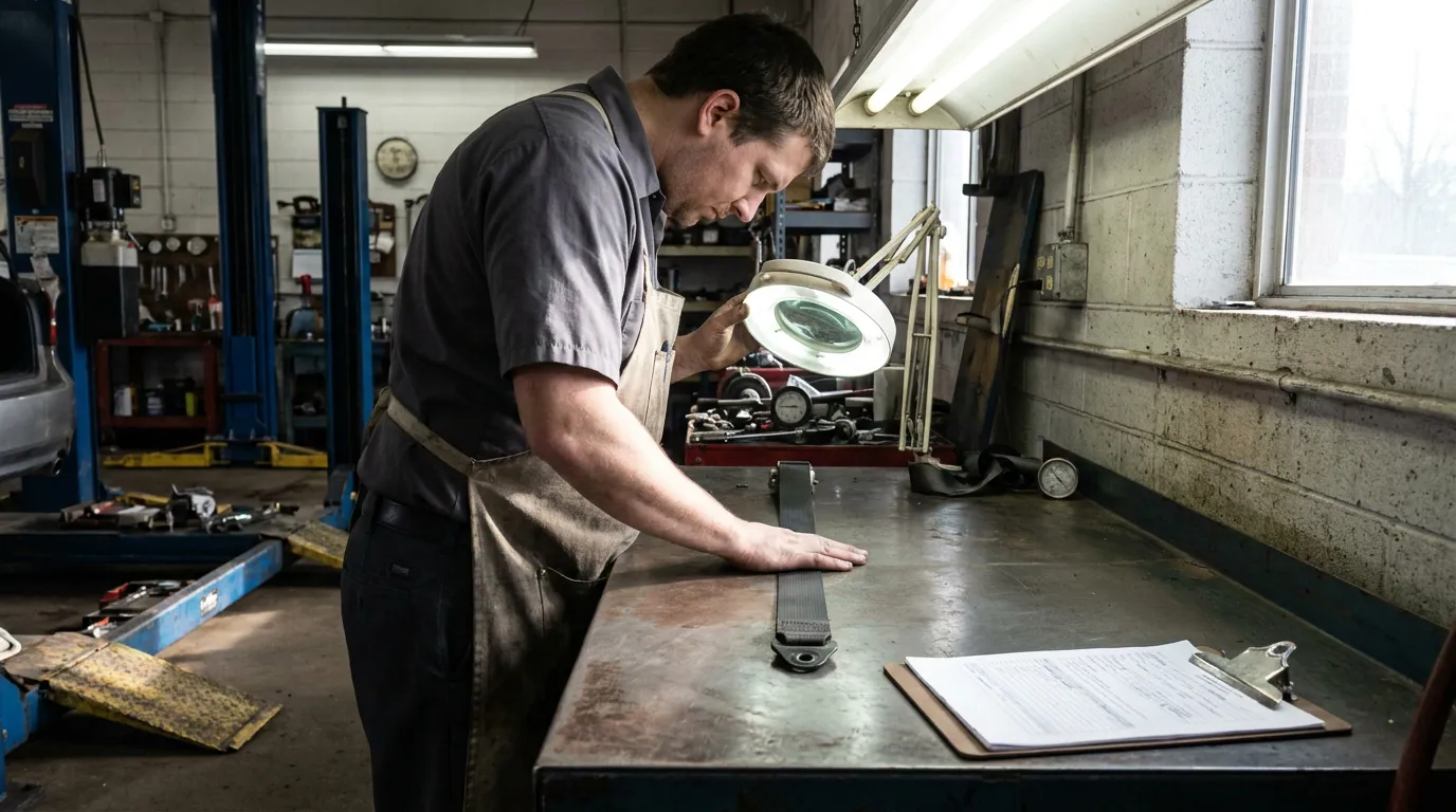 Seat Belt Inspection Evidence Chicago Illinois Injury Trial mechanic in apron inspecting seatbelt on workbench under magnifying lamp