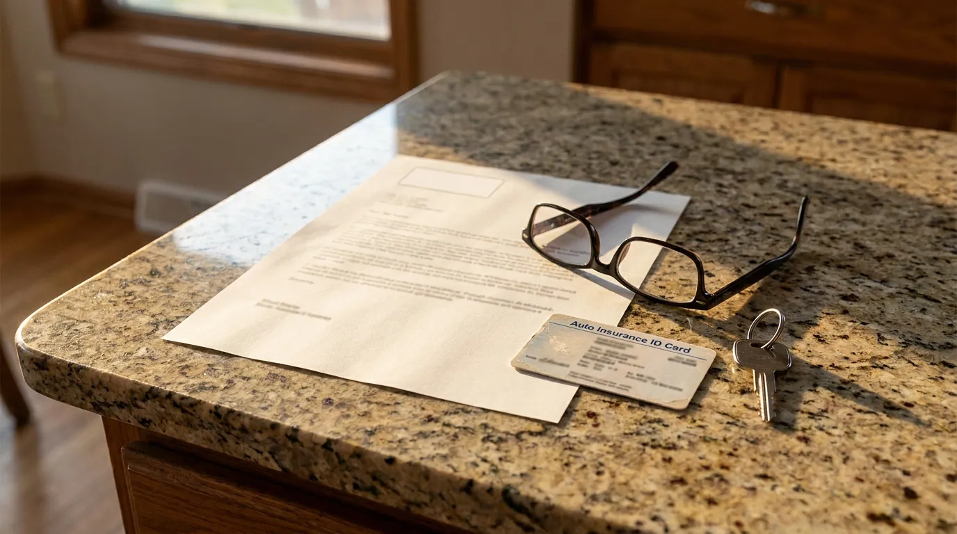 Chicago IME Notice Letter With Auto Insurance Card Auto Insurance ID Card, document, eyeglasses, and car keys on granite countertop