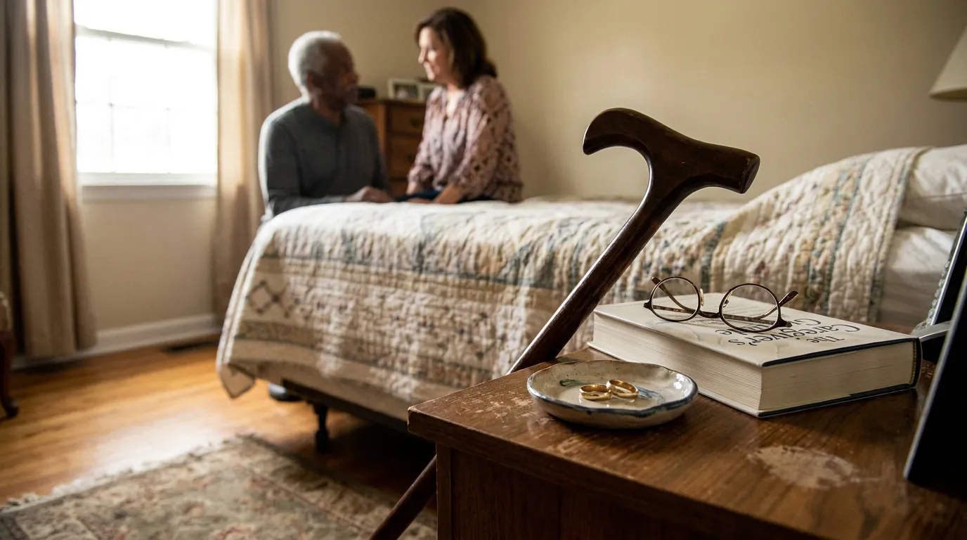 Columbus Ohio Spouse Loss Of Consortium Injury Claim wooden cane and Caregiver's Guide book on nightstand beside elderly patient and caregiver