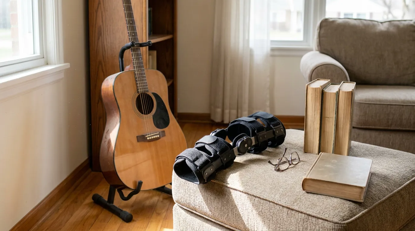 Knee Brace And Guitar Loss Of Normal Life Chicago orthopedic knee brace resting on ottoman beside books and acoustic guitar