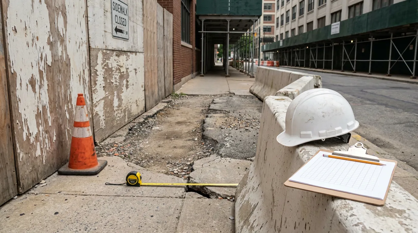 Cracked Chicago Sidewalk Hazard Near Construction Site cracked sidewalk closed sign traffic cone hard hat clipboard tape measure