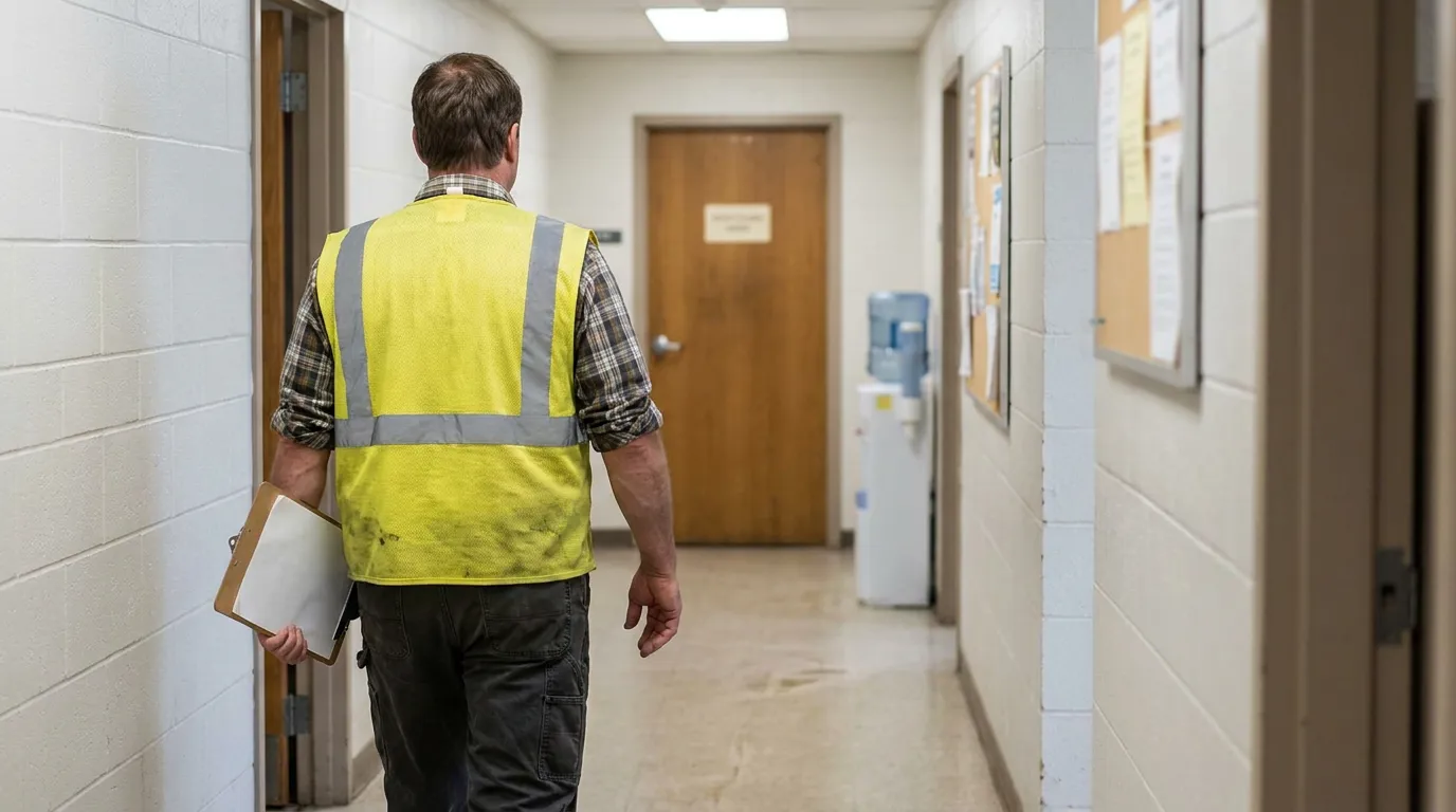 worker in safety vest carrying clipboard walking through workplace hallway