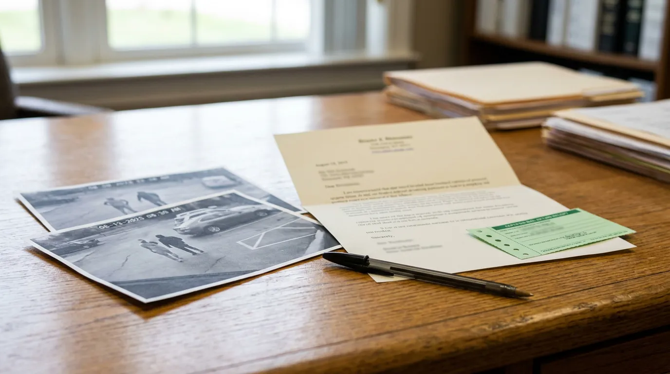 Chicago Spoliation Letter With Surveillance Footage Printouts surveillance photos, legal letter, pen, and case documents on wooden desk