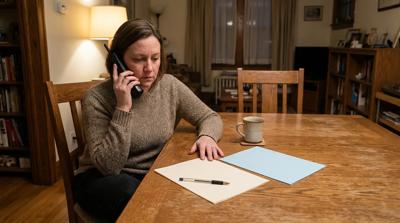 Chicago Woman Discussing Uim Claim By Phone woman seated at dining table talking on phone with documents and pen