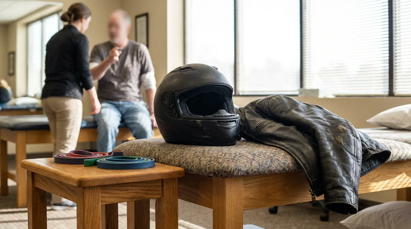 Chicago Motorcycle Crash Injury Rehabilitation Session motorcycle helmet and leather jacket on bench in physical therapy clinic