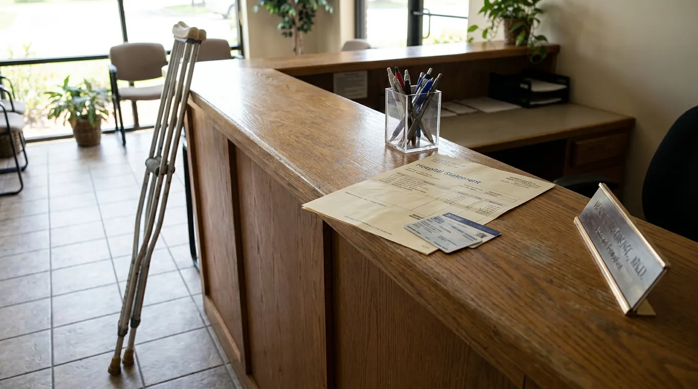 Chicago Hospital Bill And Medical Lien Illinois medical office reception desk with hospital statement, crutches, and doctor nameplate