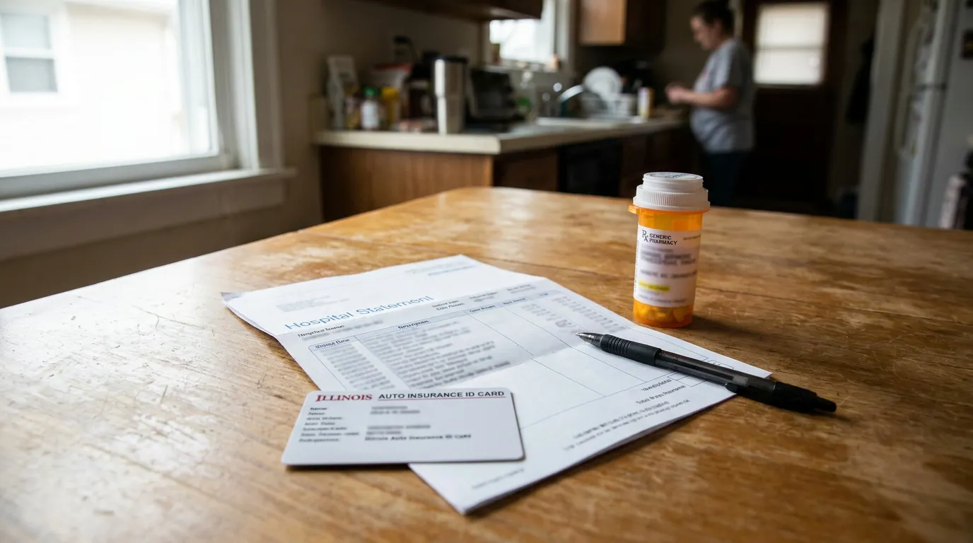 Illinois Medpay Hospital Bill And Insurance Card Hospital statement, Illinois auto insurance ID card, prescription bottle, and pen on table