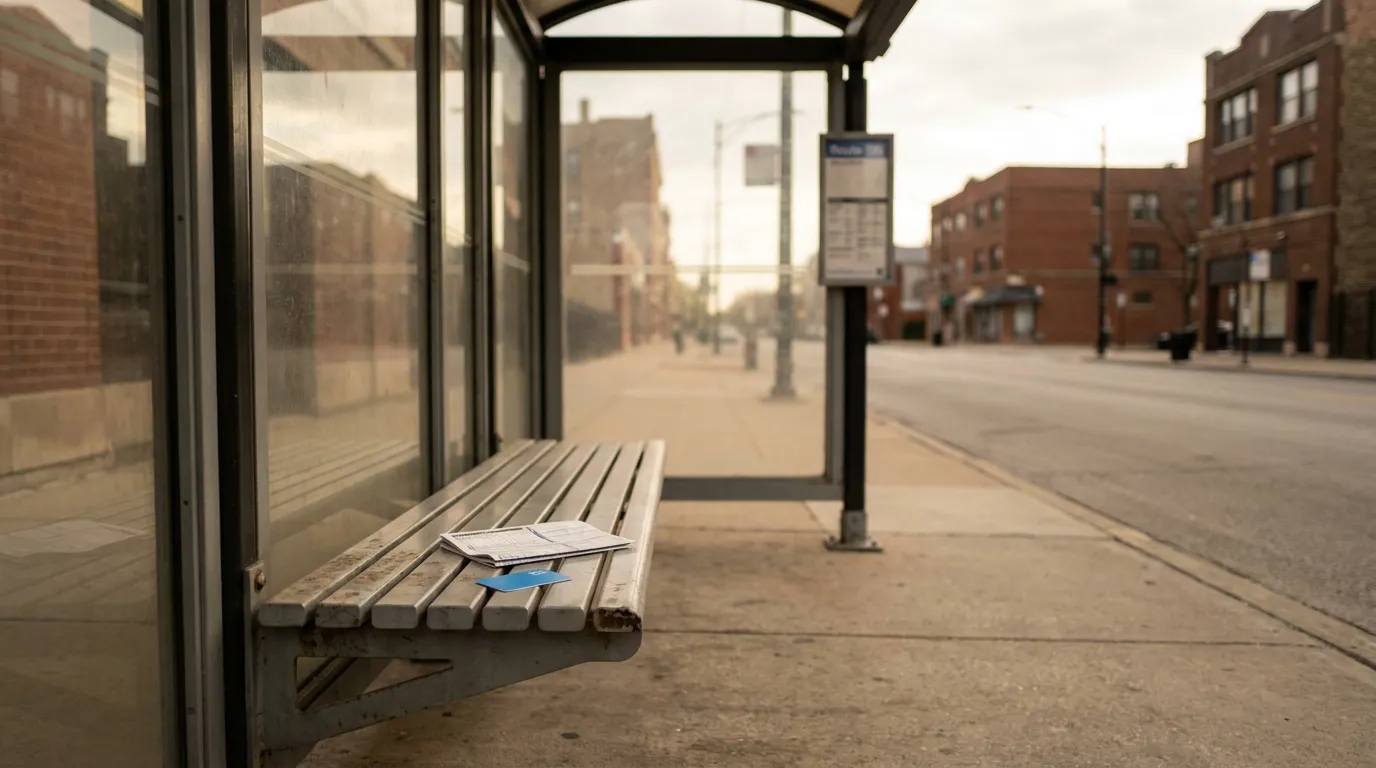 Chicago CTA Bus Stop Accident Claim Deadline empty urban bus stop bench with abandoned documents and card on seat