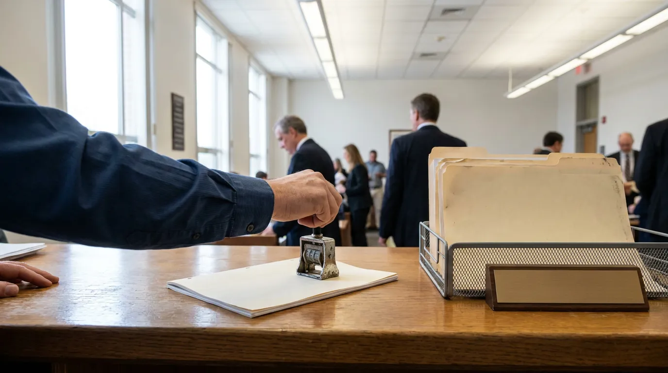 Lead Plaintiff Motion Filing Newton Square Courthouse court clerk stamping document on desk with attorneys gathered in courtroom