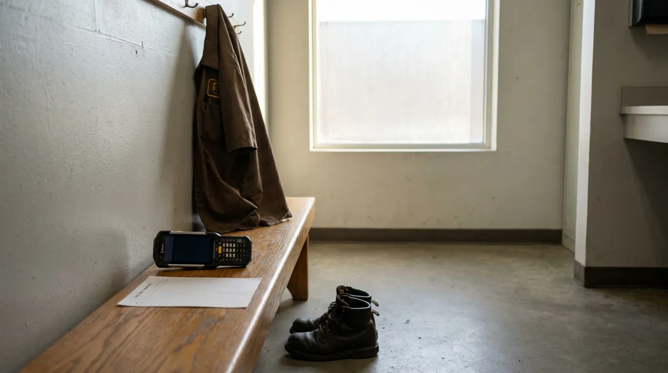 Delivery Driver Uniform Albany Dog Bite Injury worker uniform jacket and boots beside handheld scanner and document on locker room bench