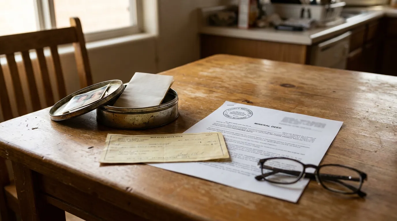 Inherited Mineral Deed And Royalty Stub Albuquerque Mineral deed document and royalty check stub on wooden kitchen table with eyeglasses