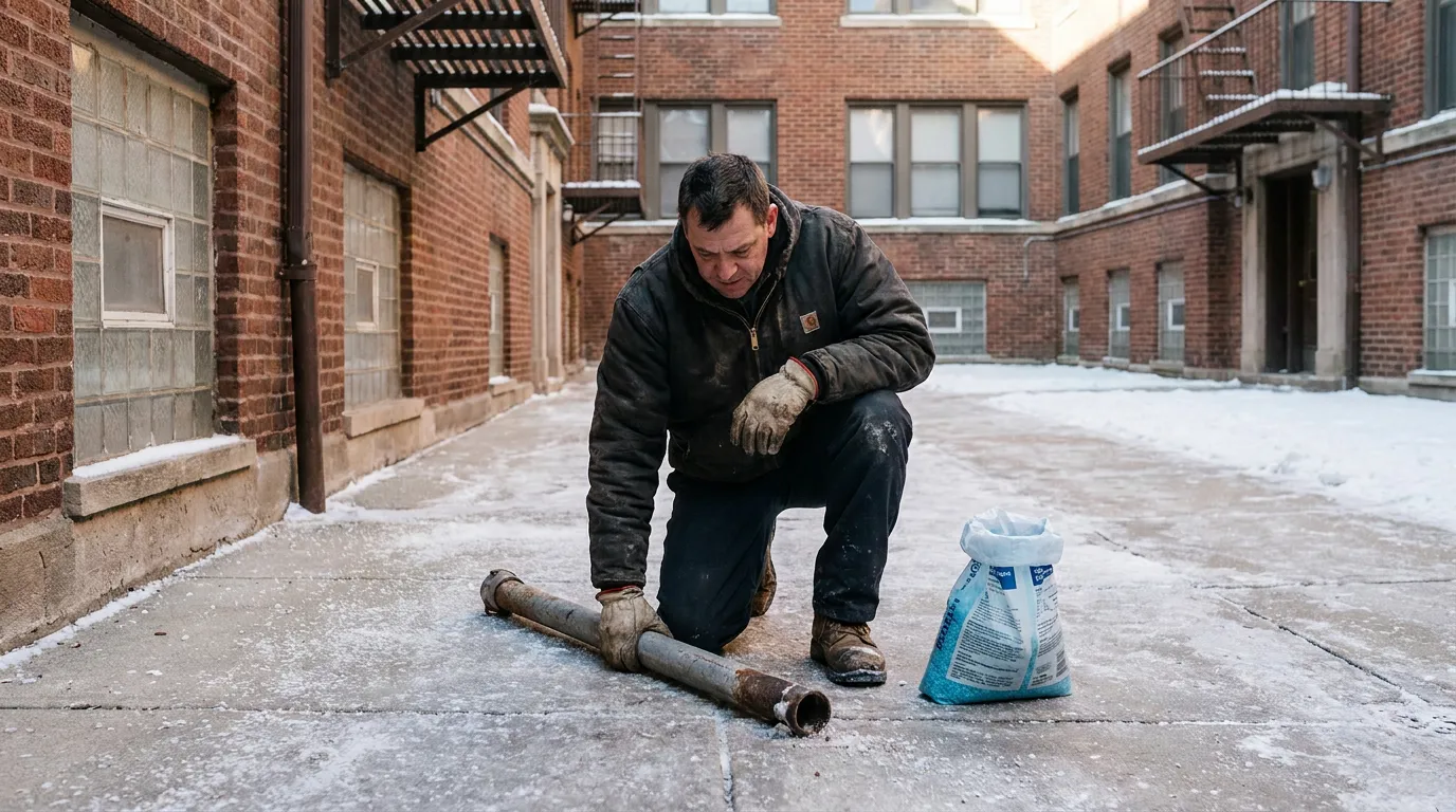 Broken Downspout Ice Hazard Chicago Alley worker kneeling on icy pavement beside broken pipe and ice melt bag