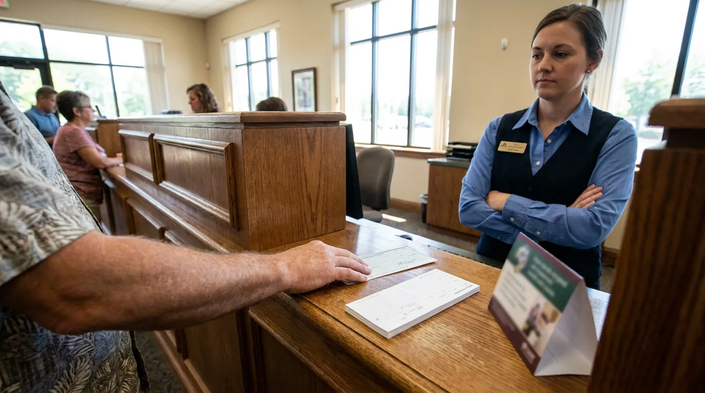 bank teller standing at wooden counter as customer submits checks