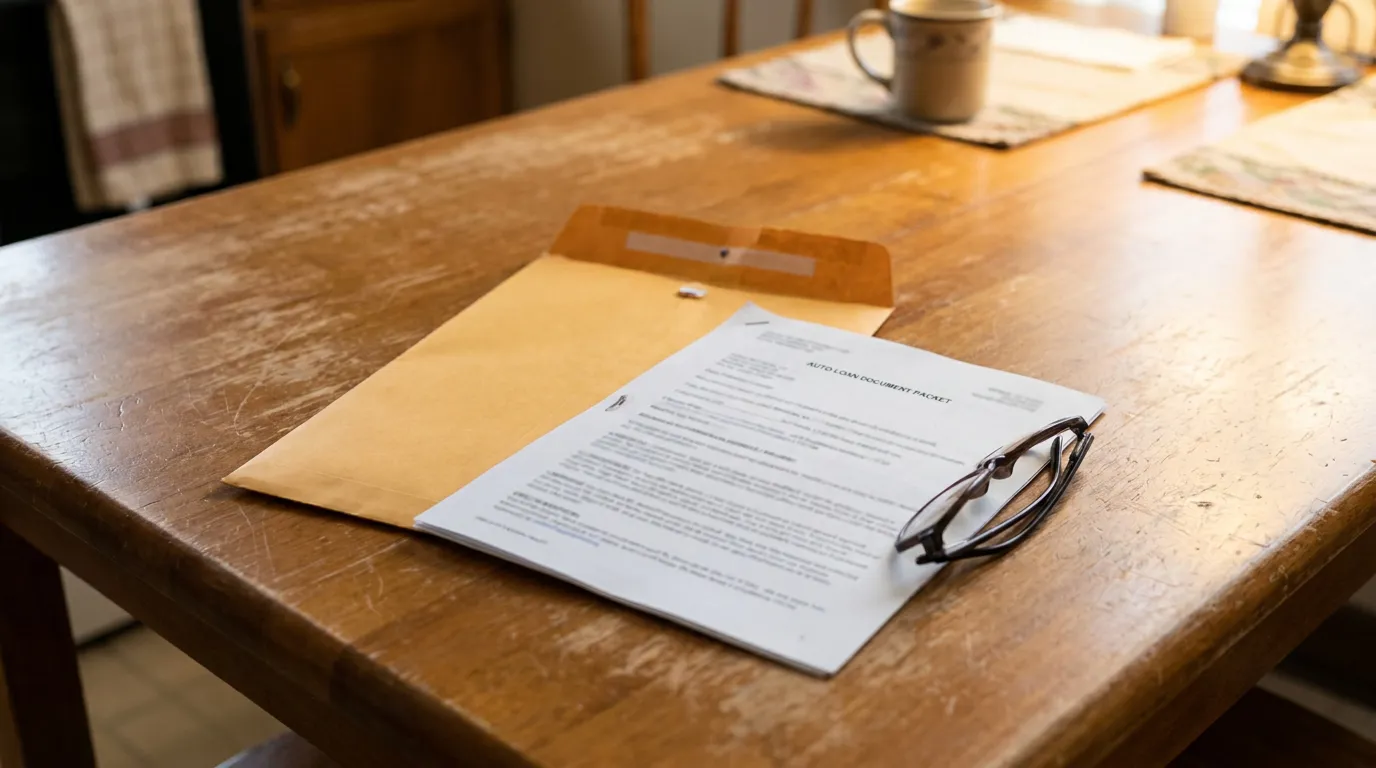 Auto Loan Document Packet with eyeglasses resting on manila envelope atop wooden table