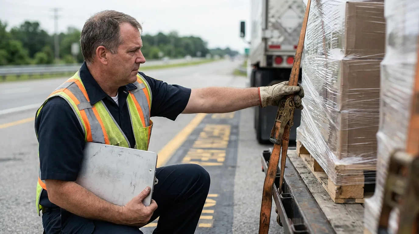 worker in safety vest inspecting cargo straps on roadside truck flatbed