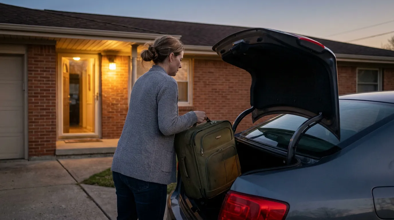 Woman Packing Car After Divorce Rock Hill South Carolina woman loading suitcase into car trunk outside brick home at dusk