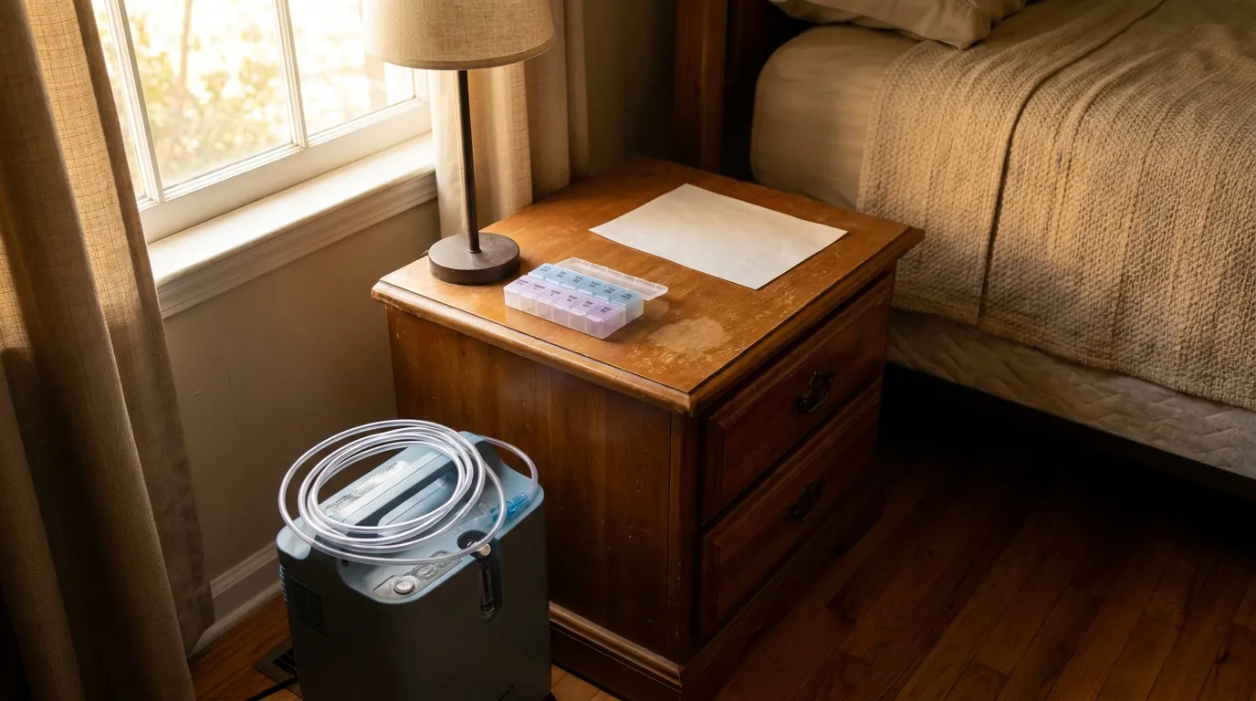Medical Hardship Chapter 13 Discharge Rock Hill SC oxygen concentrator with tubing beside nightstand holding weekly pill organizer