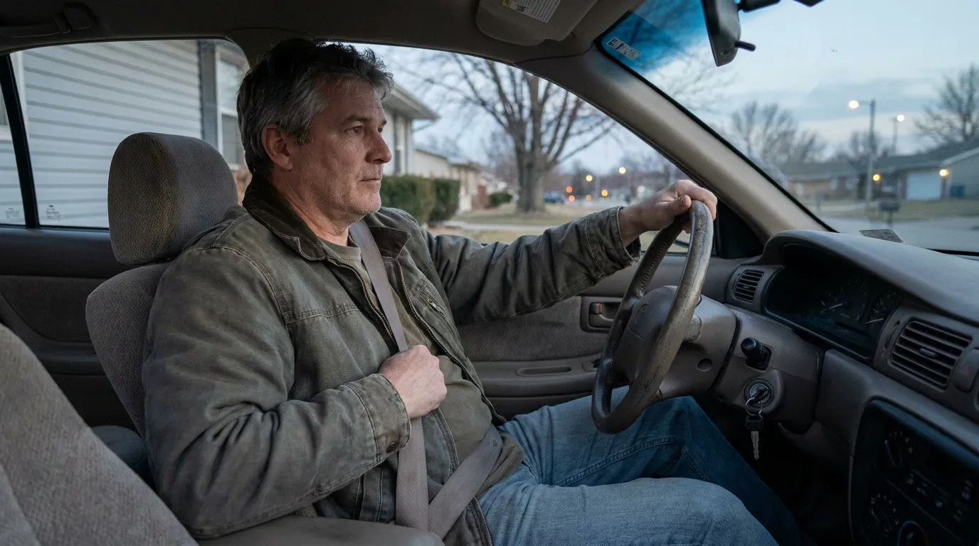 Driver Wearing Seat Belt Kansas City Missouri middle-aged man wearing seatbelt seated in vehicle driver seat gripping steering wheel