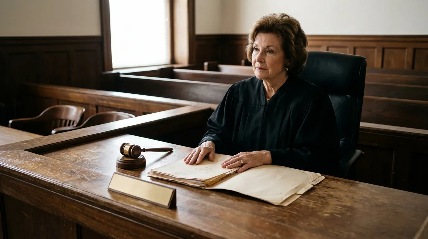 female judge in judicial robe seated at courtroom bench with gavel and case files