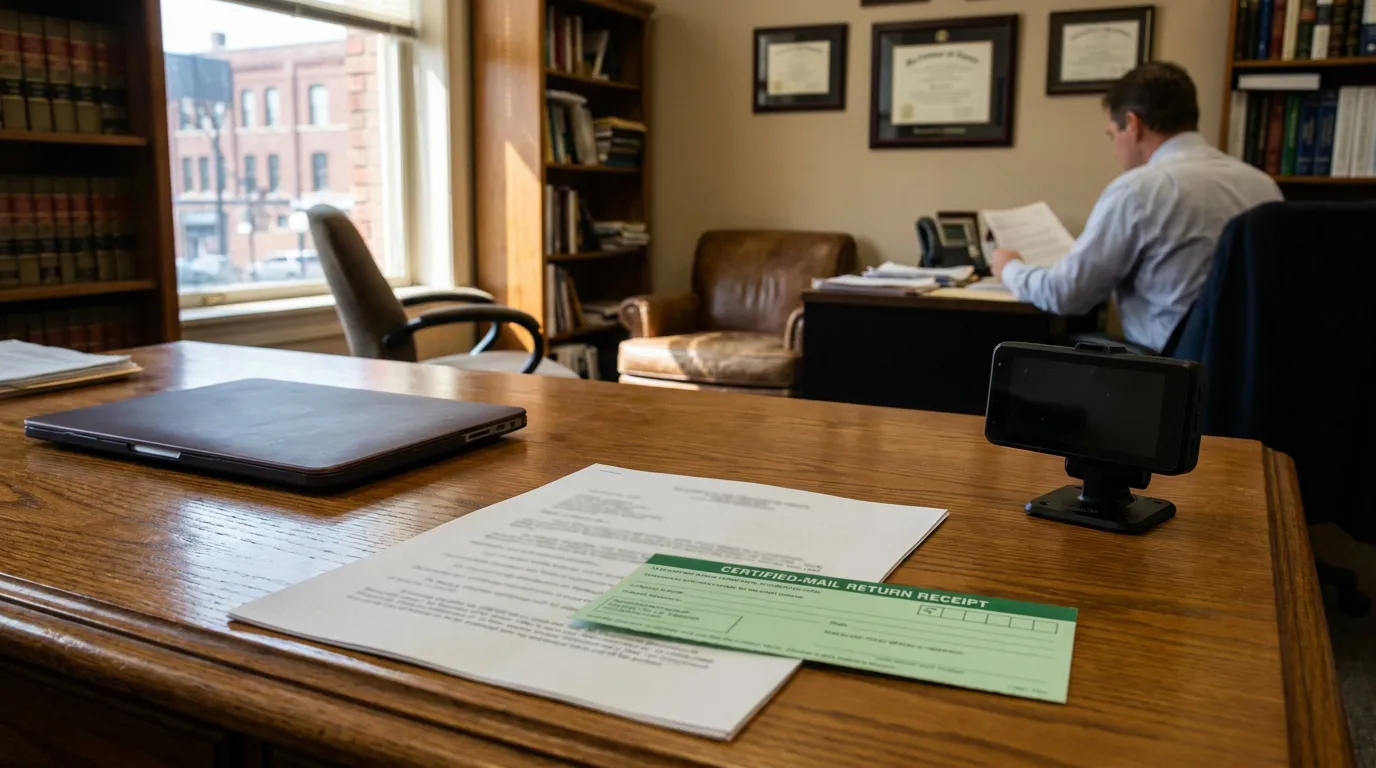 certified-mail return receipt on law office desk with attorney reviewing documents