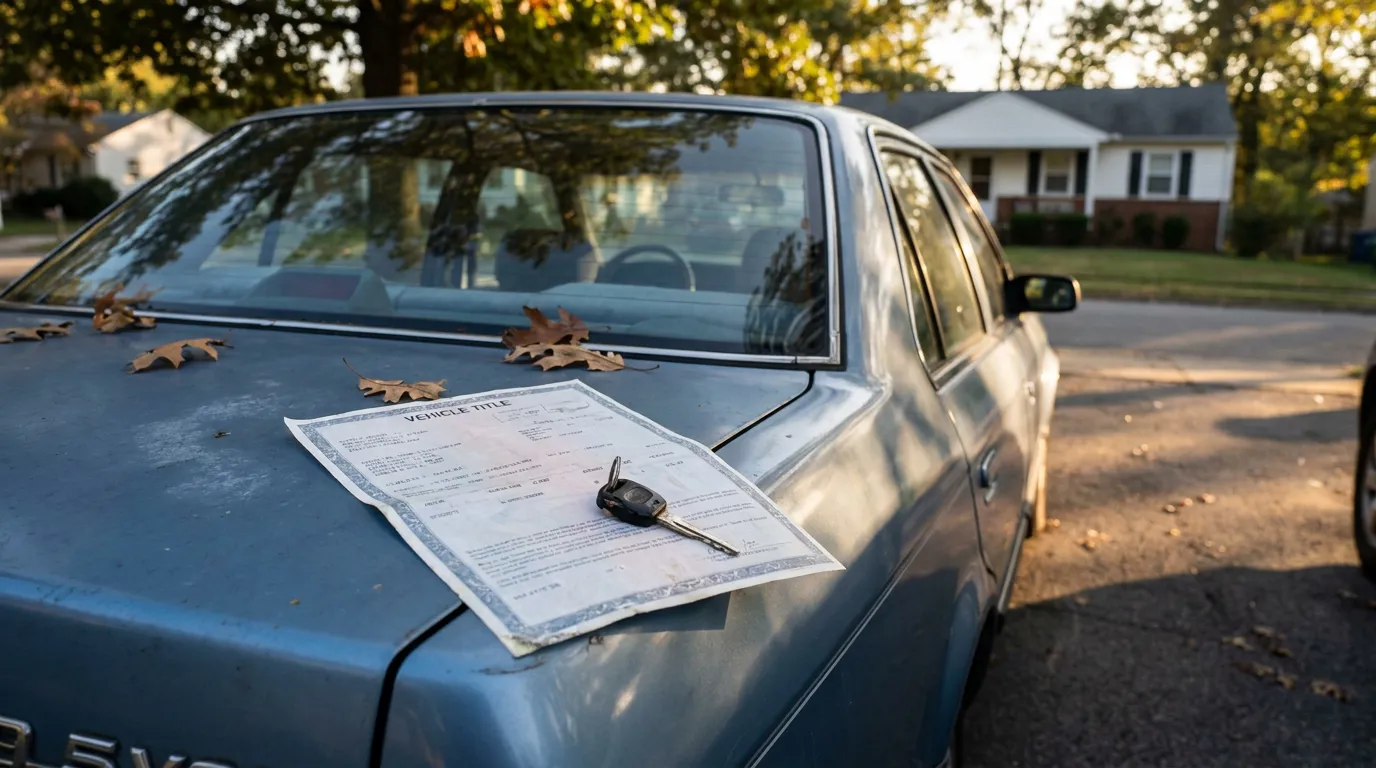 Vehicle Title And Car Key Leominster Bankruptcy Vehicle title document and car key resting on sedan hood outdoors