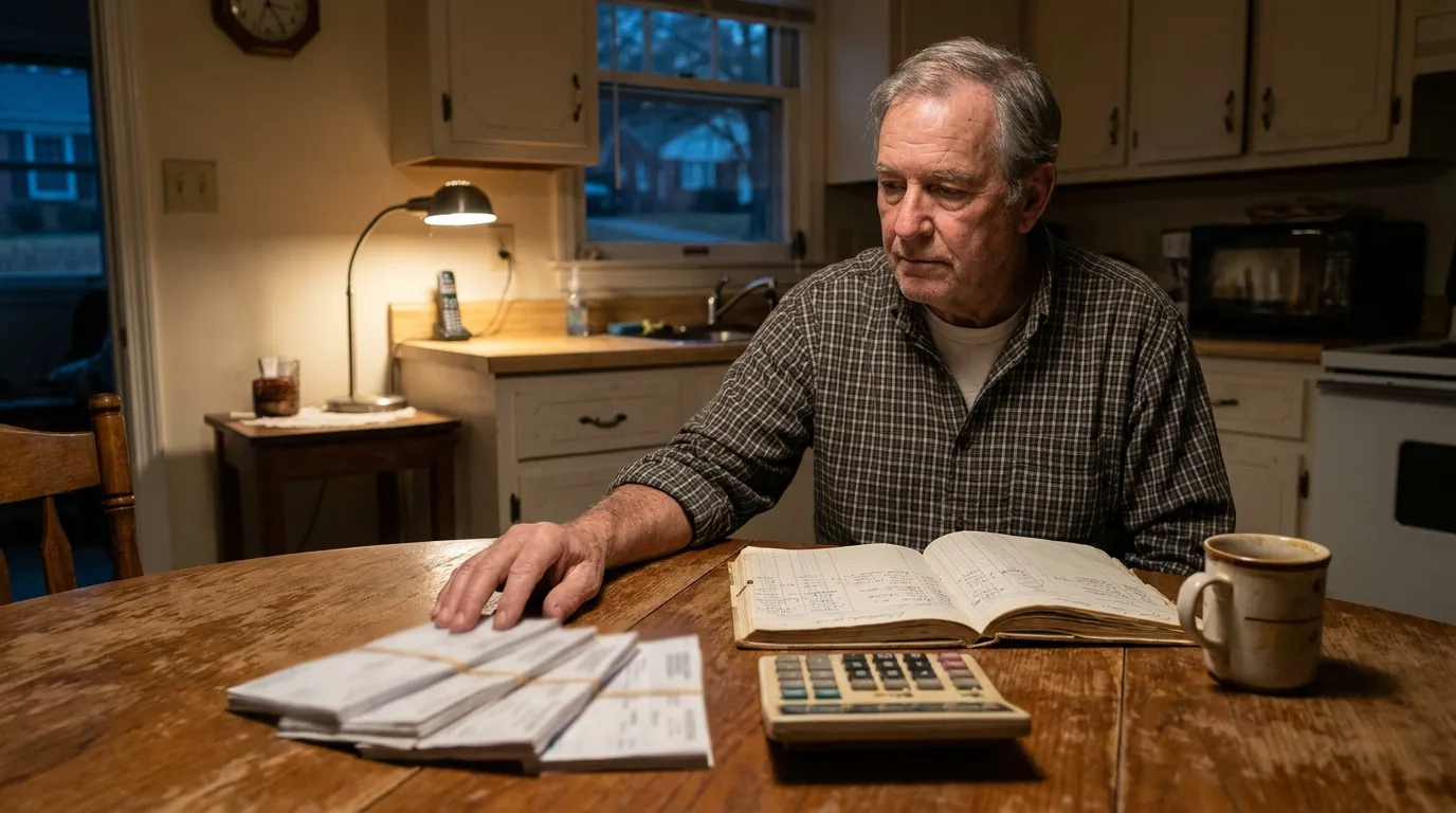 Rock Hill Man Reviewing Bankruptcy Means Test Finances older man at kitchen table reviewing documents, ledger, and calculator
