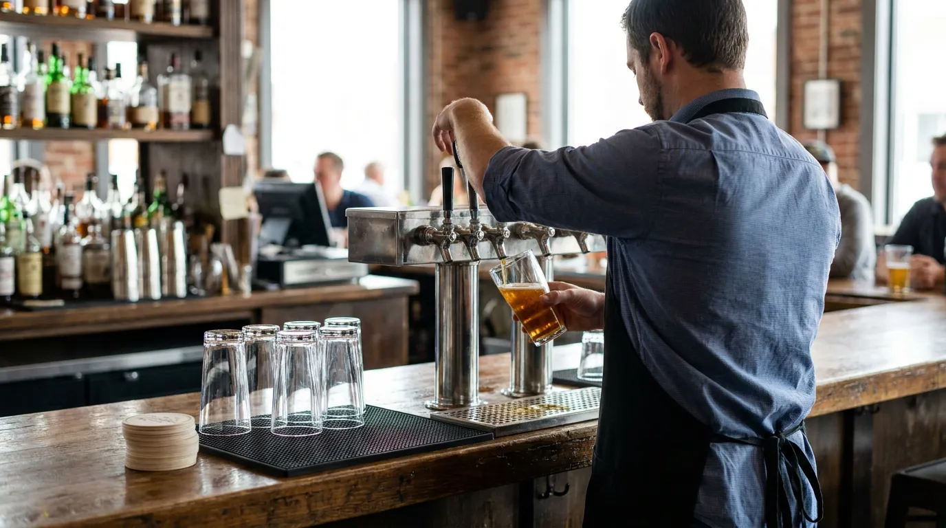 bartender pouring draft beer from tap system at wooden bar counter