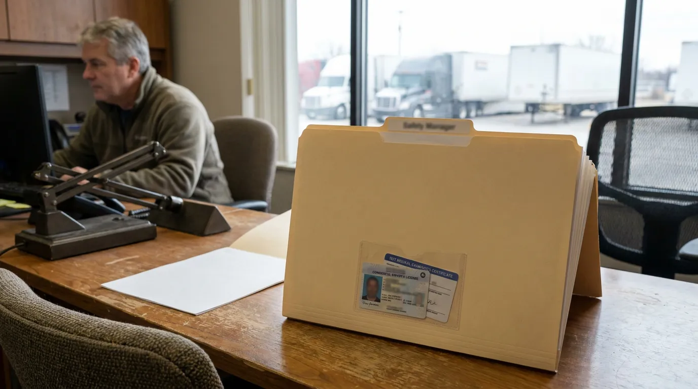 Safety Manager folder with CDL and DOT medical certificate on office desk