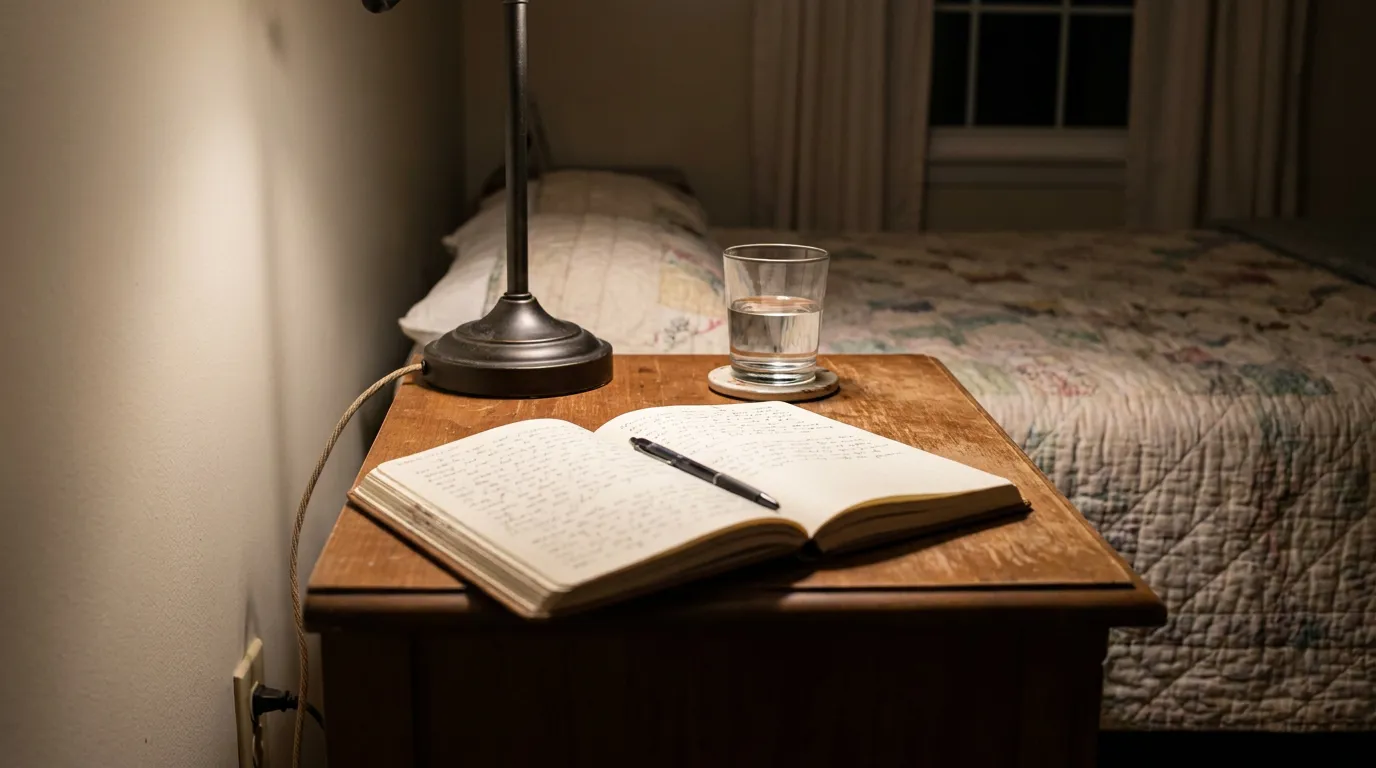 open handwritten journal and pen on wooden nightstand beside bed