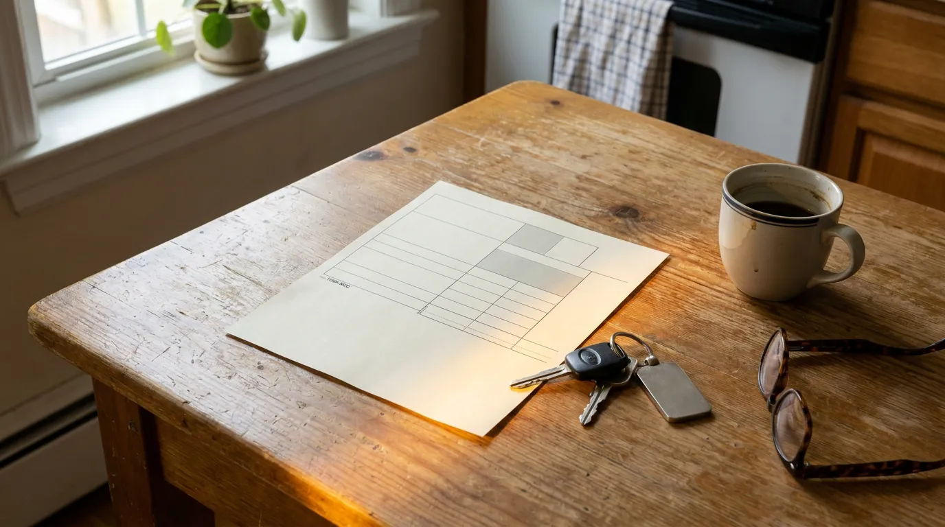 legal form document on wooden table beside car keys and eyeglasses