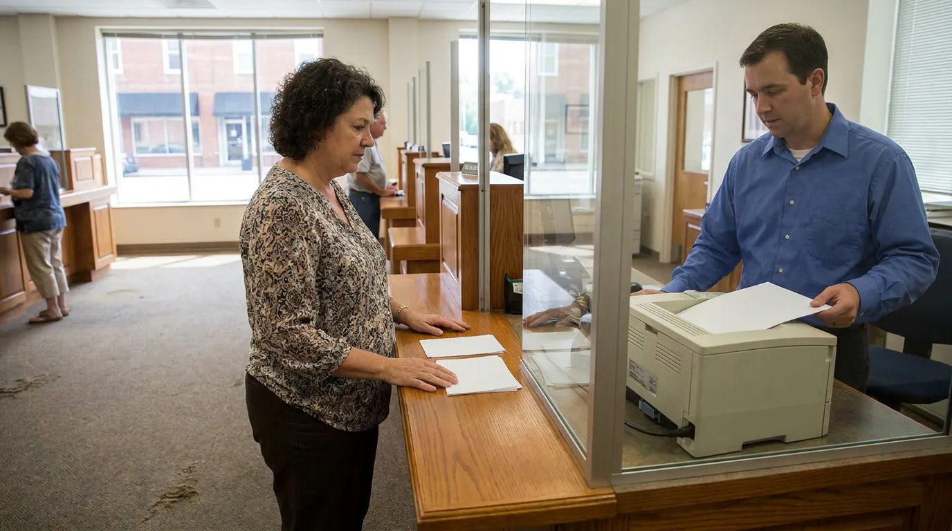 Filing Financial Declaration Form York County Courthouse woman submitting documents at courthouse clerk counter through glass partition