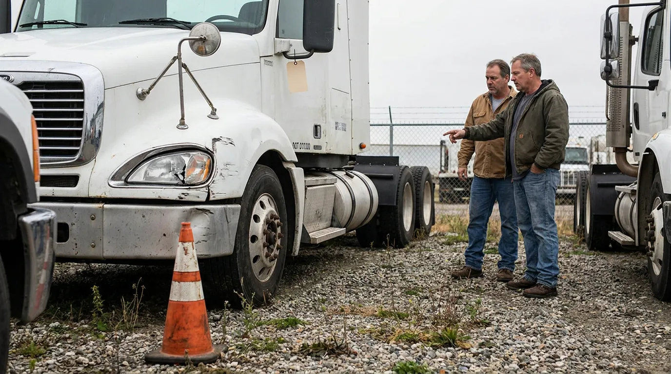 two men inspecting damaged semi-truck cab with traffic cone nearby