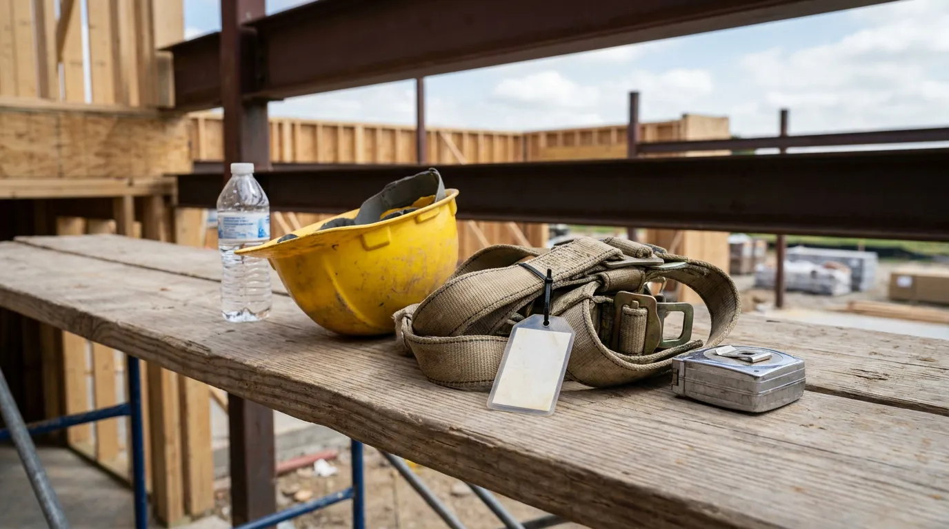 construction worker hard hat safety harness and water bottle on wooden beam at job site