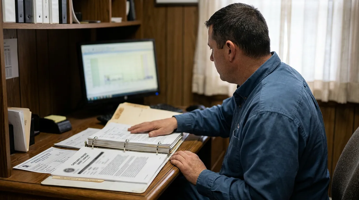 man at desk reviewing open binder with legal documents and desktop computer
