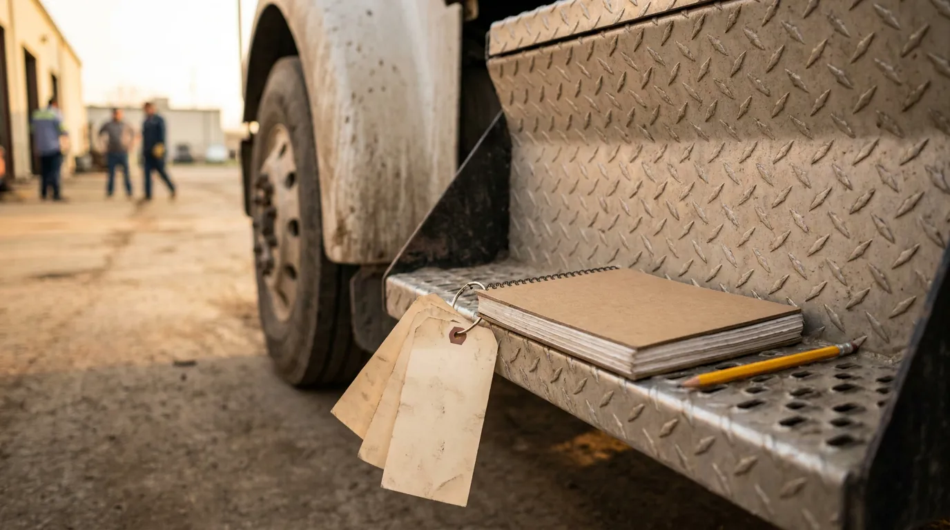 spiral notebook, pencil, and tags resting on commercial truck step