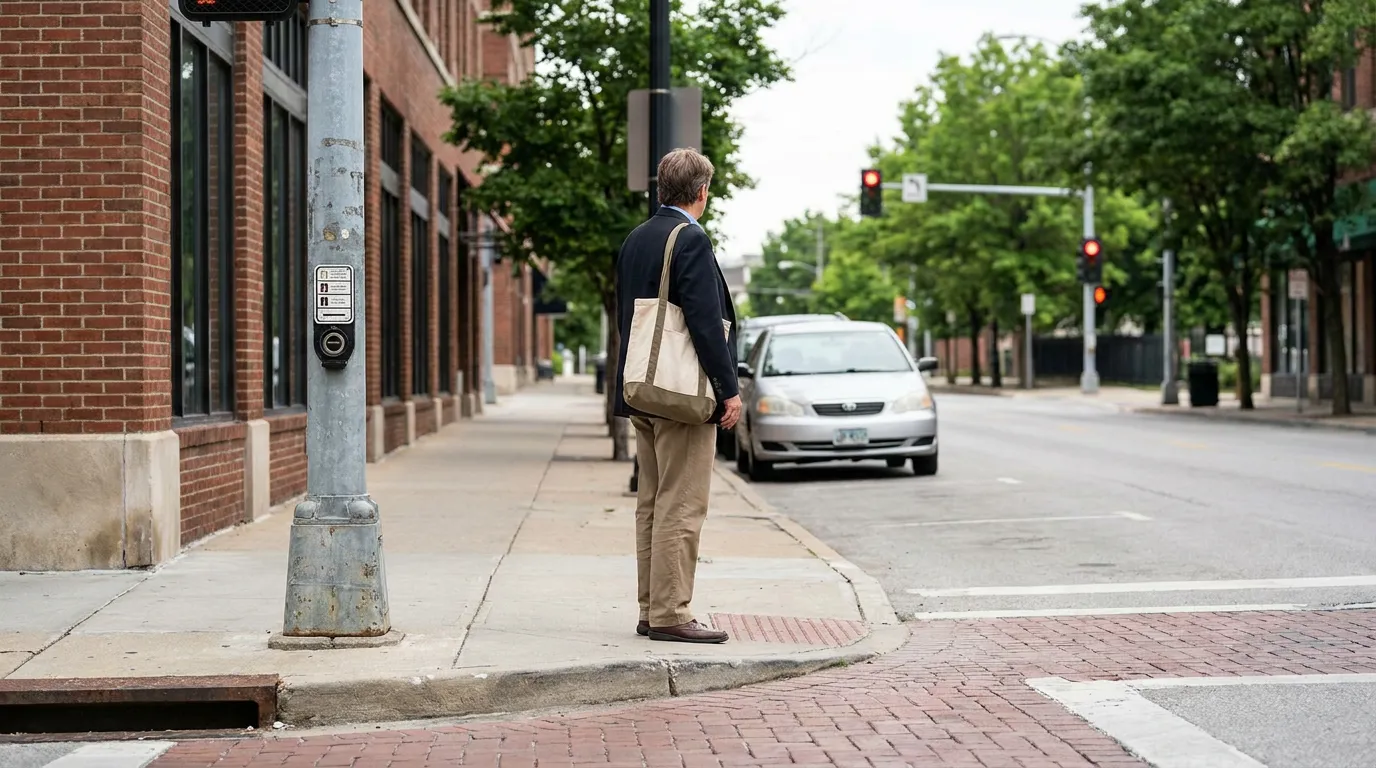 man in blazer carrying tote bag standing at urban street crosswalk