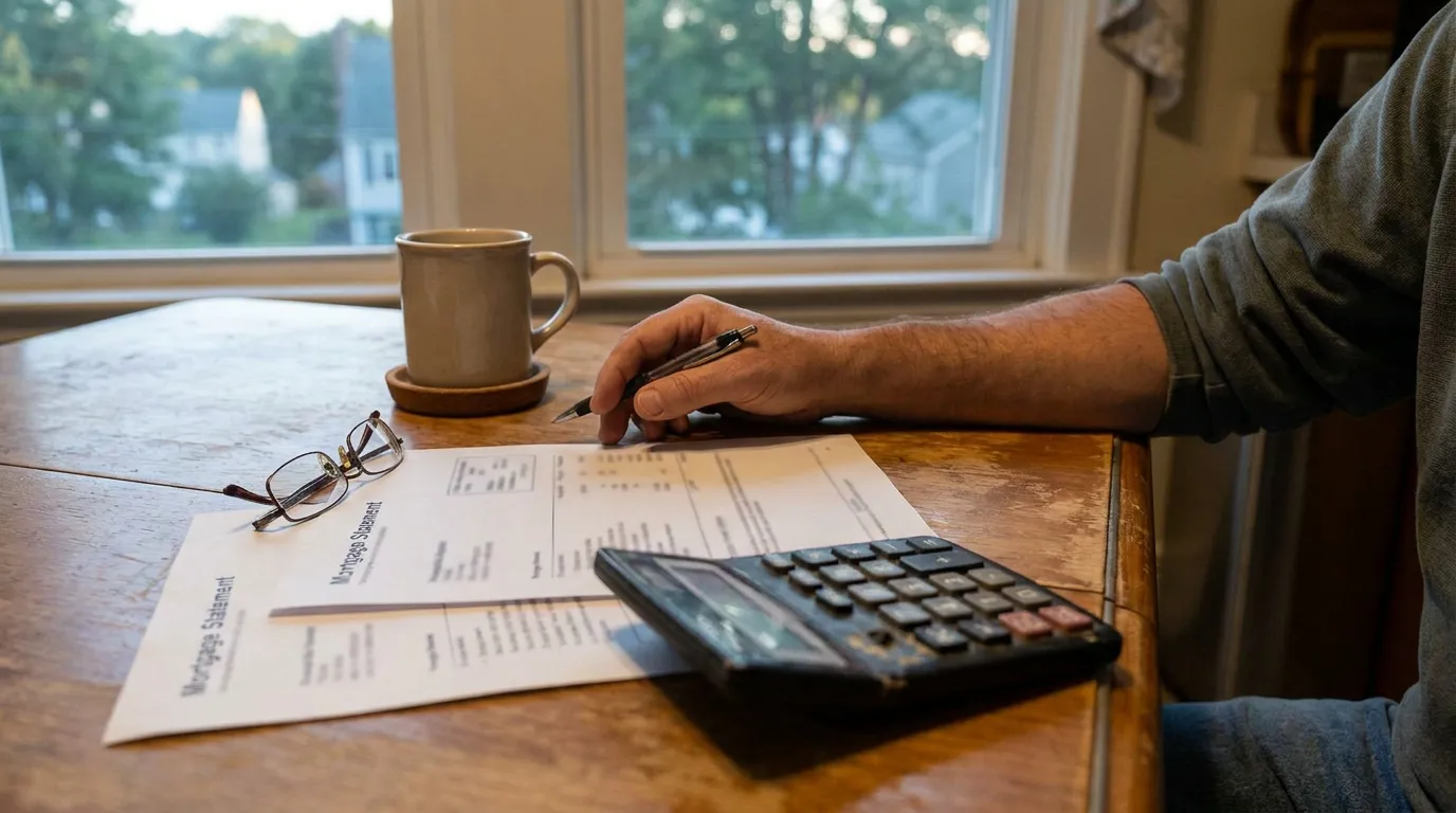 Homeowner Reviewing Second Mortgage Statement In Leominster person holding pen over mortgage statement documents beside calculator and eyeglasses