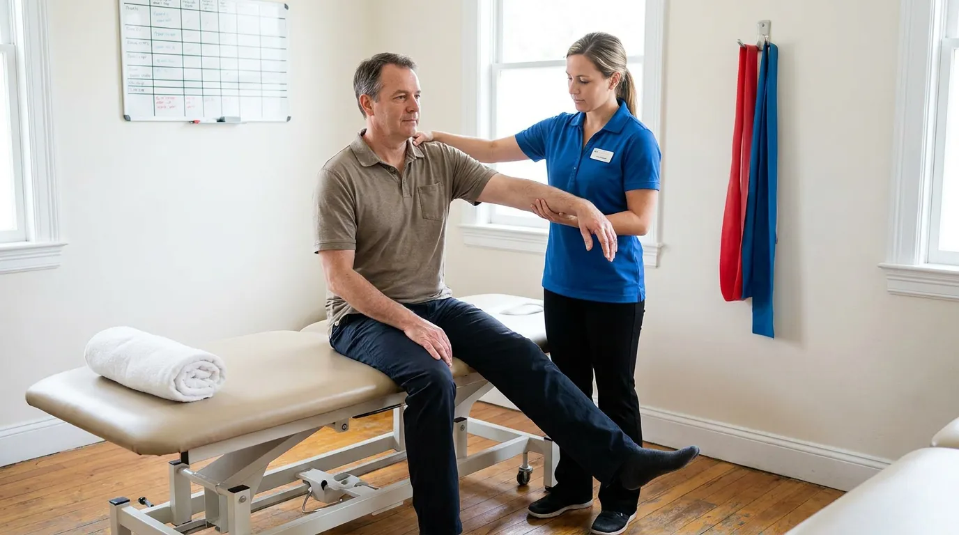 Miami Injury Patient Receiving Treatment Under Letter Of Protection physical therapist examining seated male patient's shoulder and arm in clinic