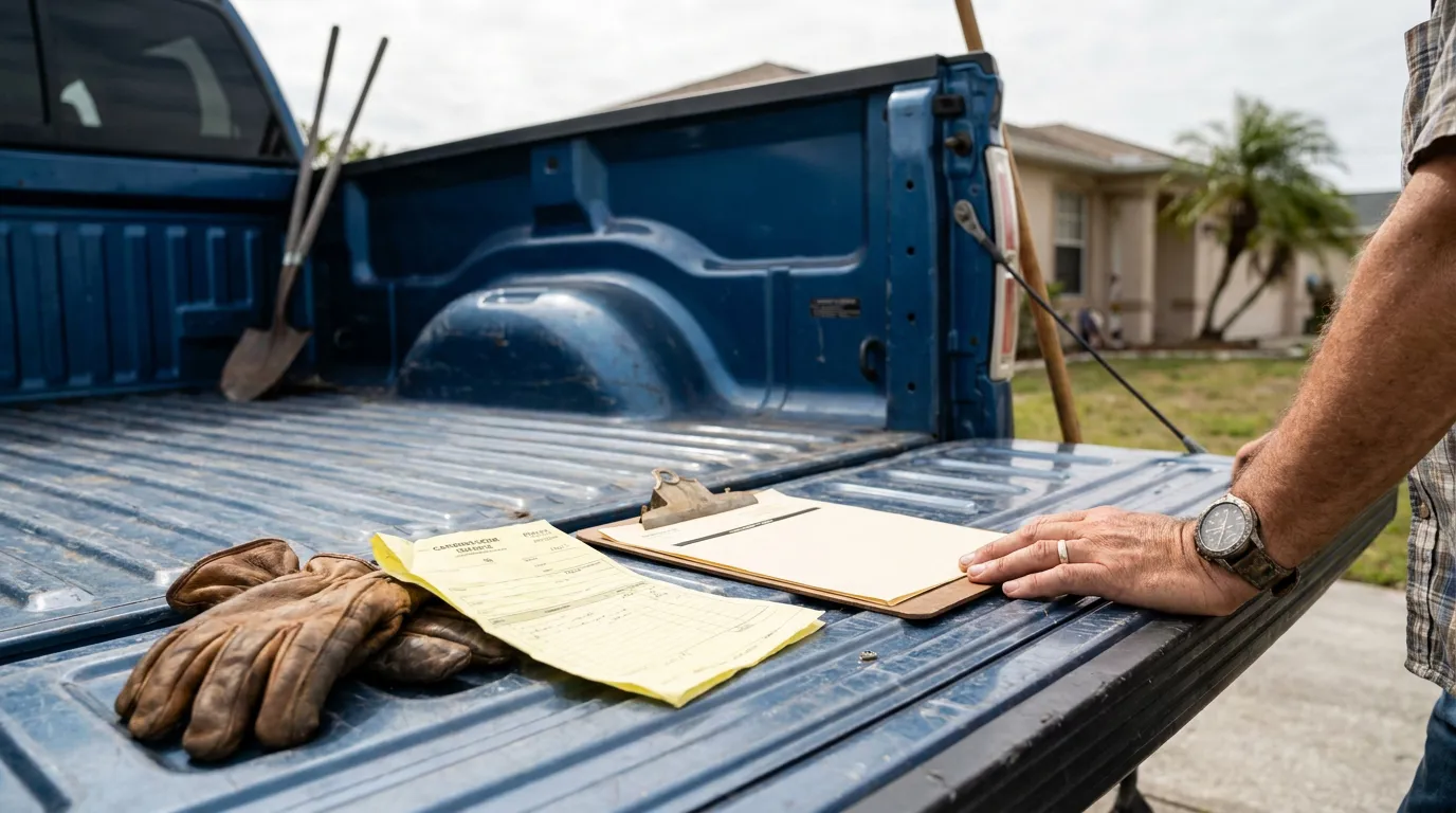 Contractor Assignment Of Benefits Form Florida worker reviewing contractor invoice on truck bed beside worn work gloves