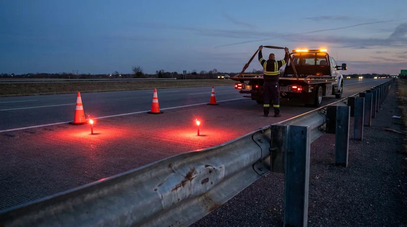 Florida Turnpike Truck Crash Scene Miami tow truck operator securing straps on flatbed beside highway flares and traffic cones at dusk