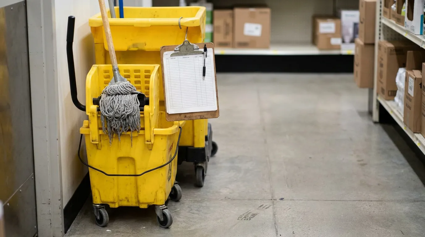 Miami Store Spill Cleaning Log Evidence commercial mop bucket with wringer, mop, and clipboard in warehouse aisle