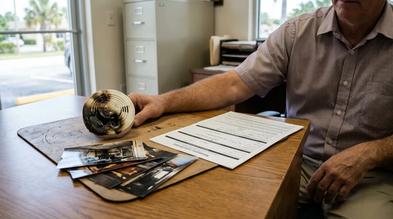 Florida Fire Claim Denial Documents And Damage Evidence man holding fire-damaged smoke detector beside legal documents and fire scene photographs