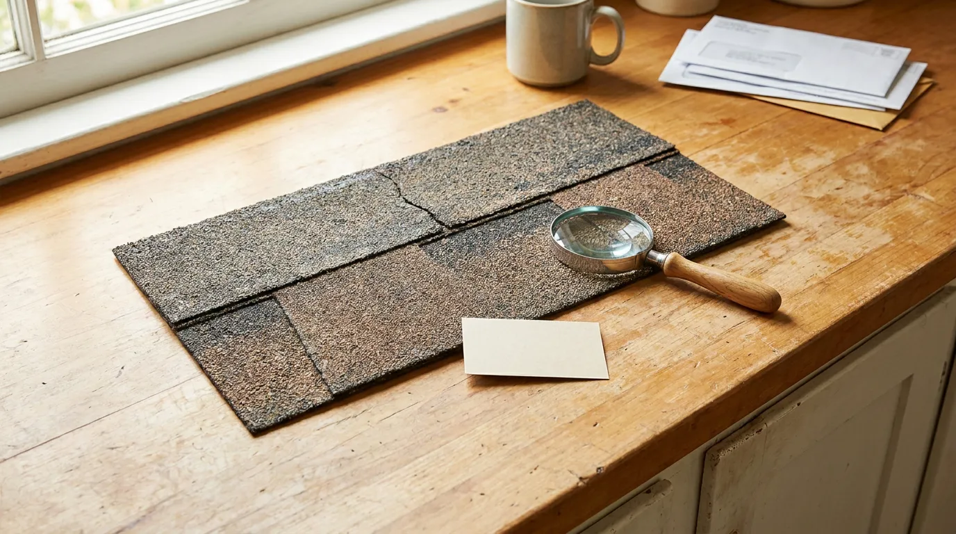 Florida Storm Damage Roof Shingle Inspection asphalt roof shingles and magnifying glass on wooden surface with documents